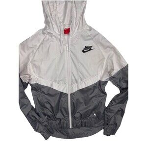 NIKE Sportswear Wind Breaker Women Zippered Jacket Size S Gray & White rain Coat